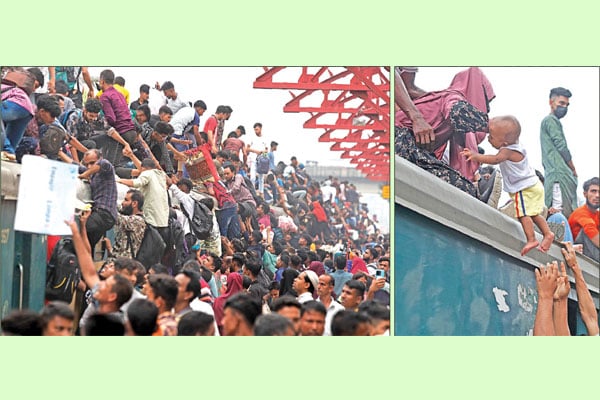 মানুষের ঢল বাস লঞ্চ ট্রেনে ♦ টার্মিনাল রেলস্টেশনে উপচে পড়া ভিড় ♦ বাড়তি ভাড়া নেওয়ার অভিযোগ ♦ গাজীপুরে পার হতে যানজট নেই, টাঙ্গাইলে মহাসড়কে ধীরগতি