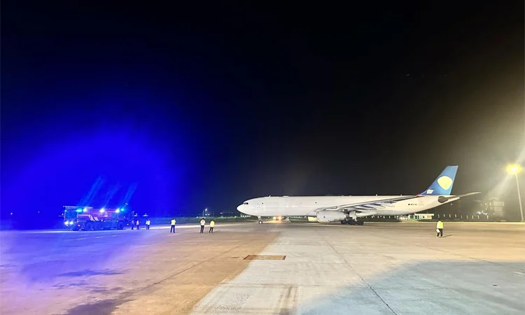 Water cannons spout as first freighter flight takes off from Sylhet