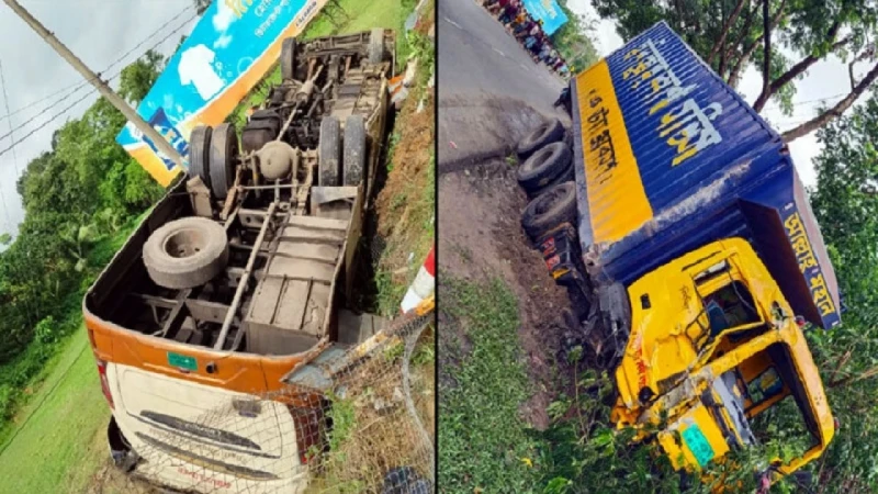 কাভার্ডভ্যানের সঙ্গে সংঘর্ষে বাস খাদে, বাবা-ছেলেসহ নিহত