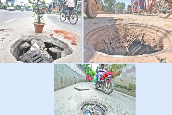 রাজধানীর সড়কে মারণফাঁদ ► ঢাকায় বেড়েছে ম্যানহোলের ঢাকনা চুরি ► চুরি ঠেকাতে ফাইবার ঢাকনা বসানোর উদ্যোগ ► শিশু ও বৃদ্ধদের জন্য খোলা ম্যানহোল বিপজ্জনক ► বৃষ্টির পানিতে ঢেকে যায় মৃত্যুফাঁদ